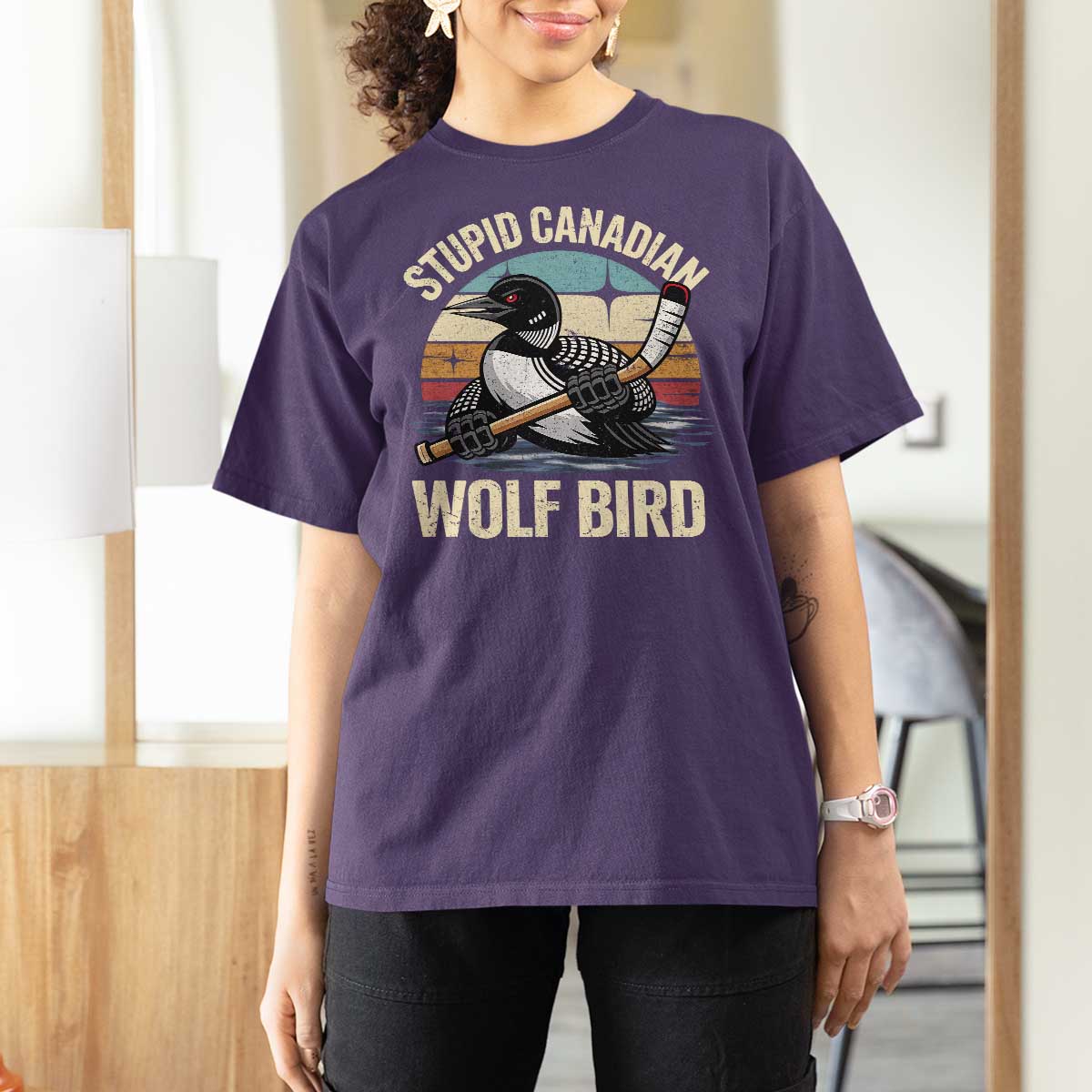 Stupid Canadian Wolf Bird T Shirt For Women Retro Romance Hockey LGBT Book Movie Fans Gift