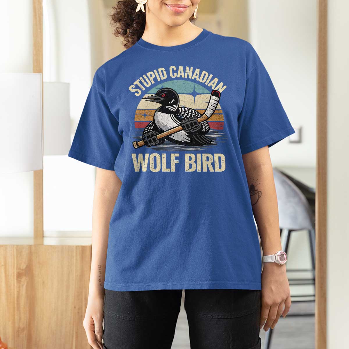 Stupid Canadian Wolf Bird T Shirt For Women Retro Romance Hockey LGBT Book Movie Fans Gift