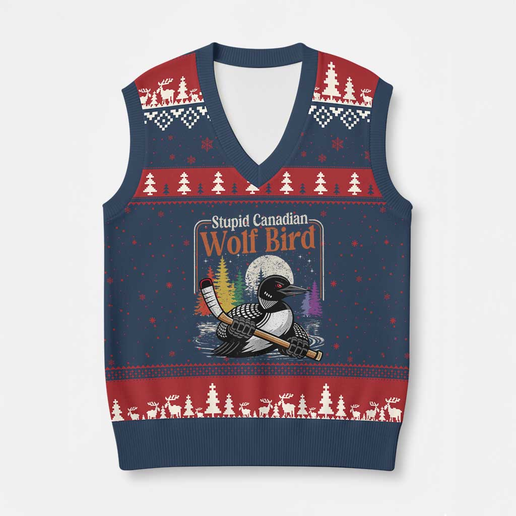 Stupid Canadian Wolf Bird V-Neck Knit Sweater Vest Retro Romance Hockey LGBT Book Movie Fans