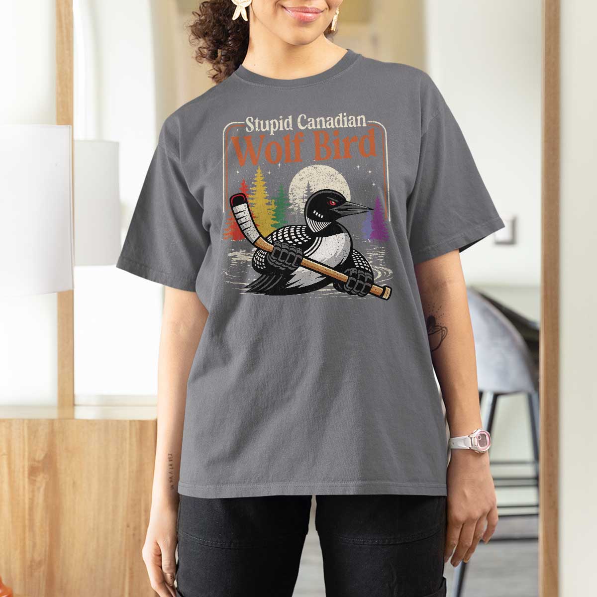 Stupid Canadian Wolf Bird T Shirt For Women Retro Romance Hockey LGBT Book Movie Fans