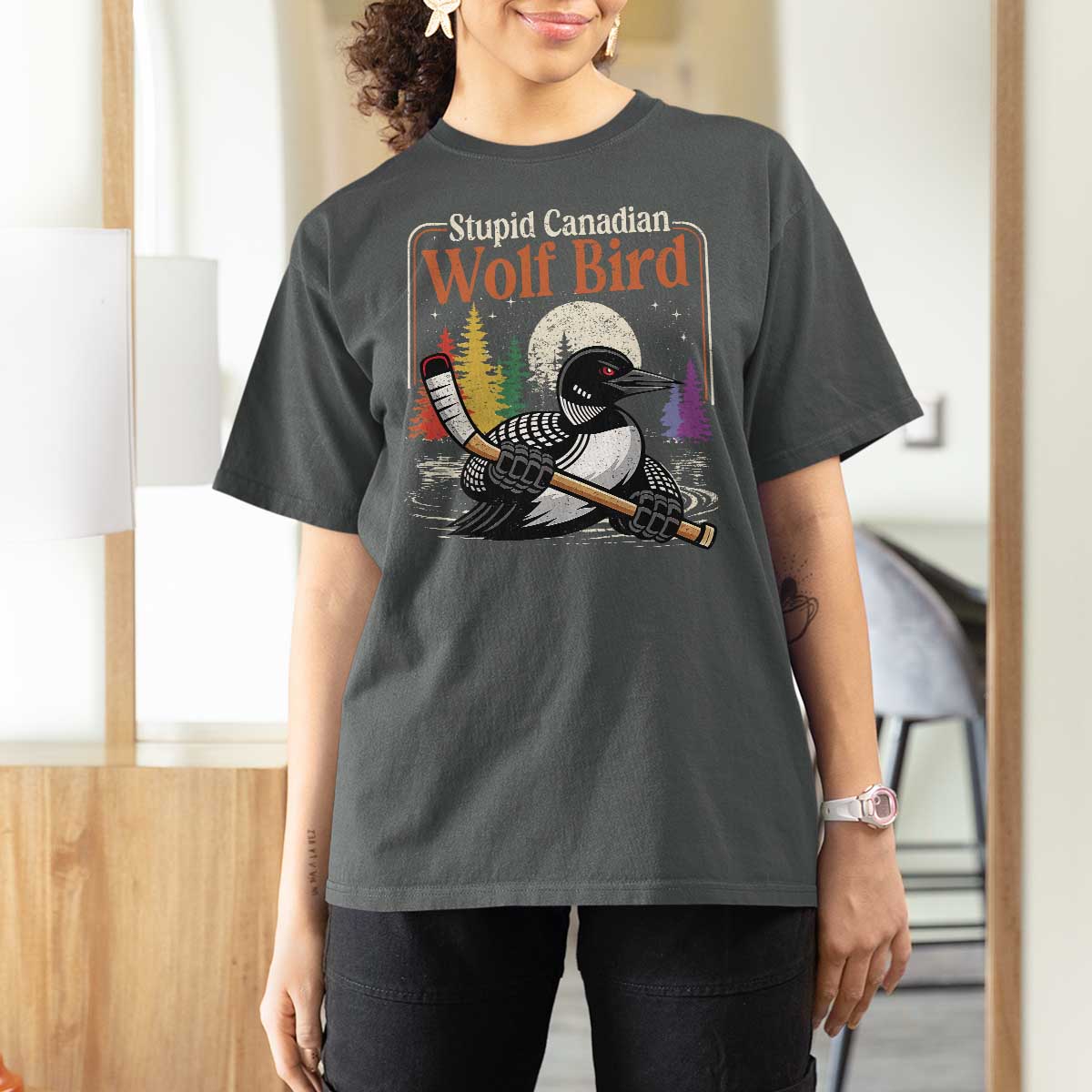 Stupid Canadian Wolf Bird T Shirt For Women Retro Romance Hockey LGBT Book Movie Fans