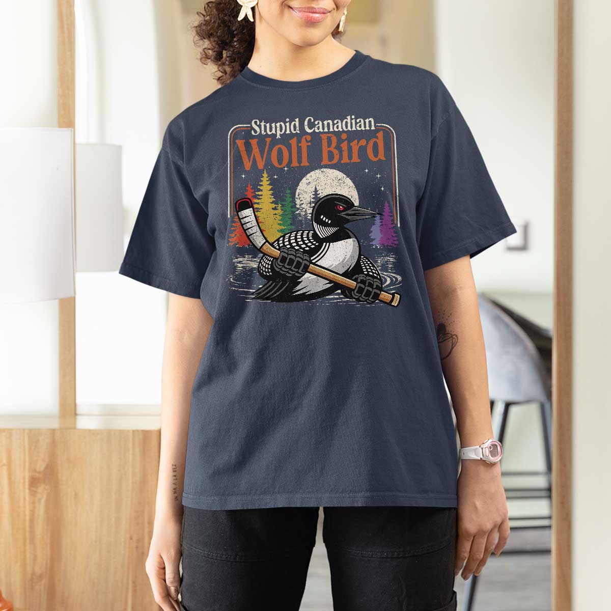 Stupid Canadian Wolf Bird T Shirt For Women Retro Romance Hockey LGBT Book Movie Fans