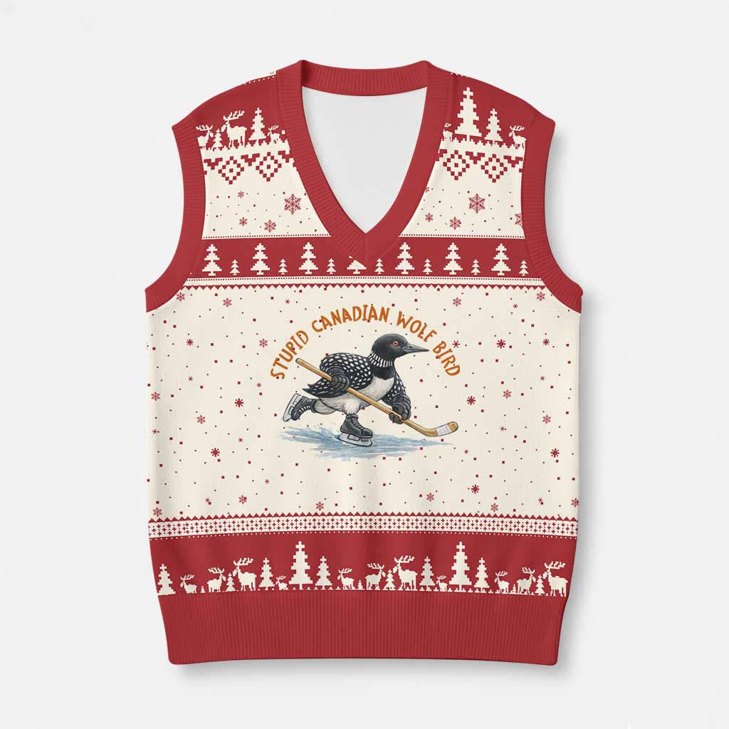 Stupid Canadian Wolf Bird V-Neck Knit Sweater Vest Funny Romance Hockey Fan LGBTQ+