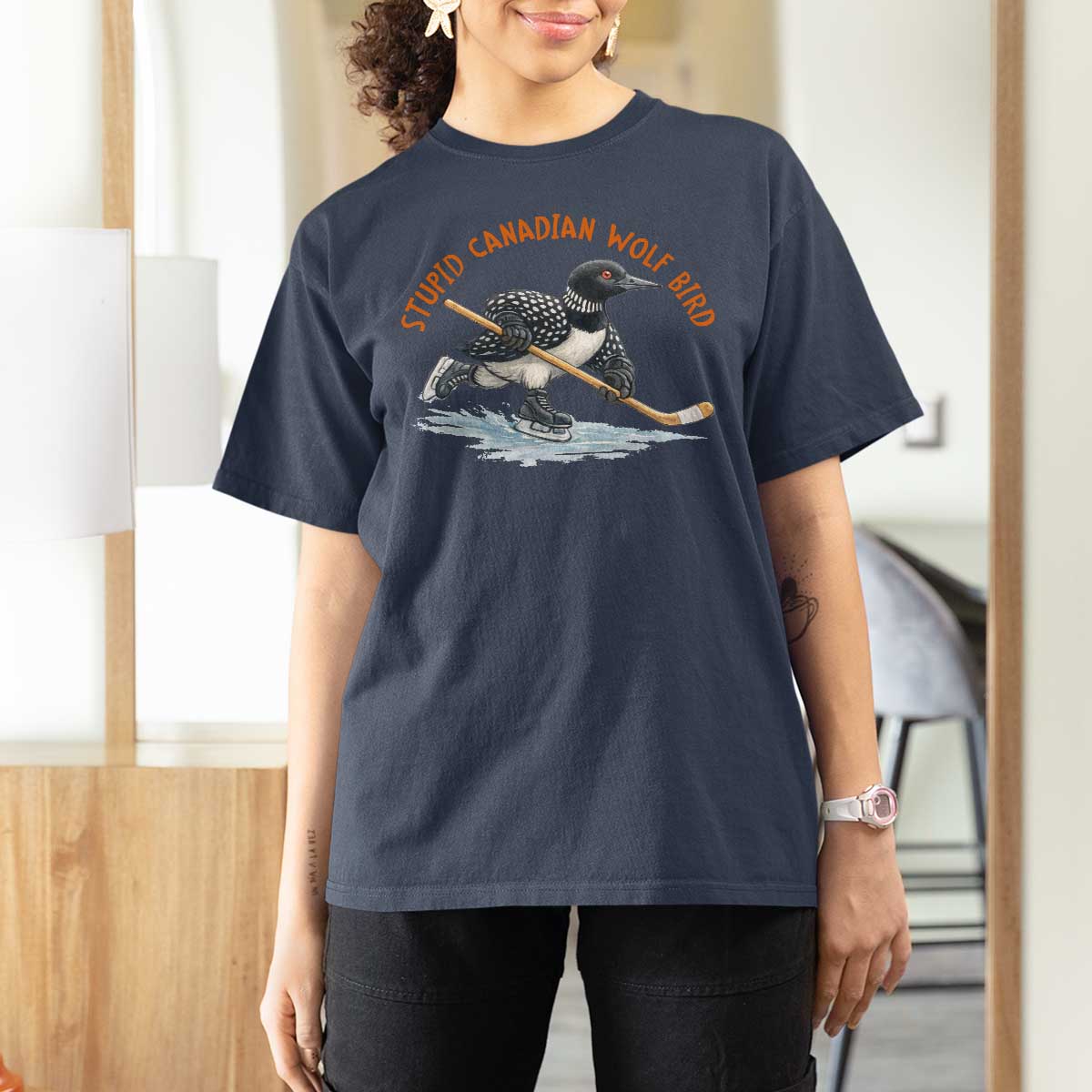 Stupid Canadian Wolf Bird T Shirt For Women Funny Romance Hockey Fan LGBTQ+
