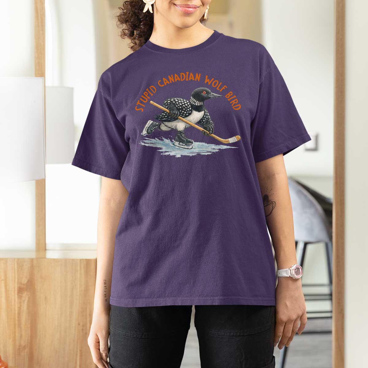 Stupid Canadian Wolf Bird T Shirt For Women Funny Romance Hockey Fan LGBTQ+