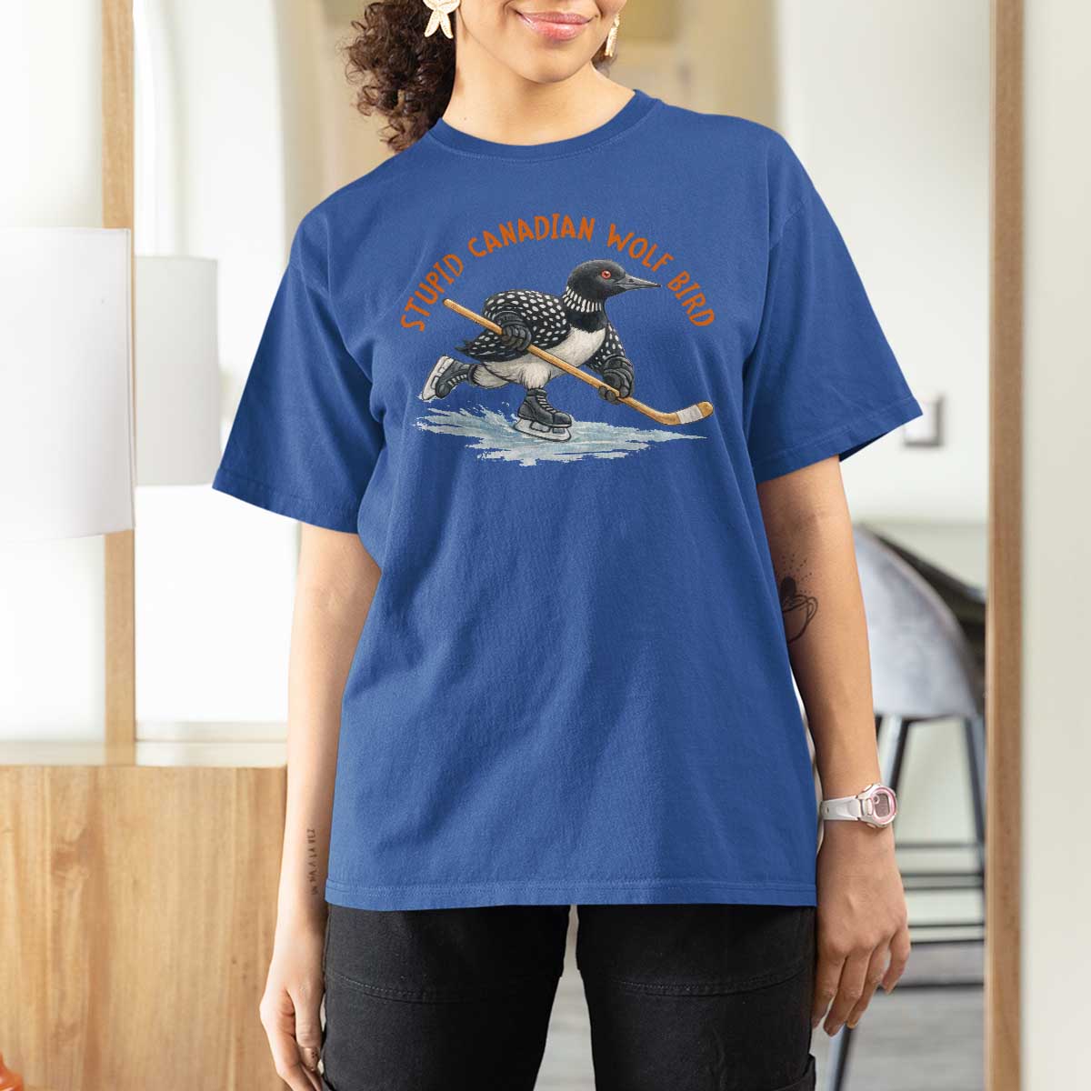Stupid Canadian Wolf Bird T Shirt For Women Funny Romance Hockey Fan LGBTQ+