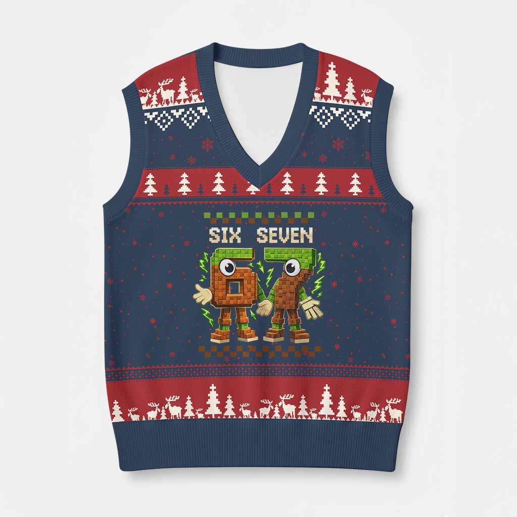 Six Seven Brainrot Italian Funny 67 V-Neck Knit Sweater Vest Checkered Kids Gaming Meme