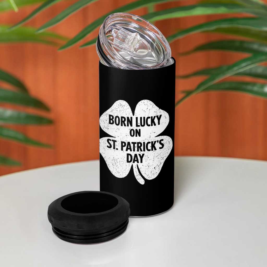 Born Lucky On St Patricks Day 4 in 1 Can Cooler Tumbler Irish Birthday Bday Shamrock Clovers
