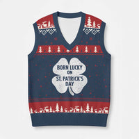 Born Lucky On St Patricks Day V-Neck Knit Sweater Vest Irish Birthday Bday Shamrock Clovers