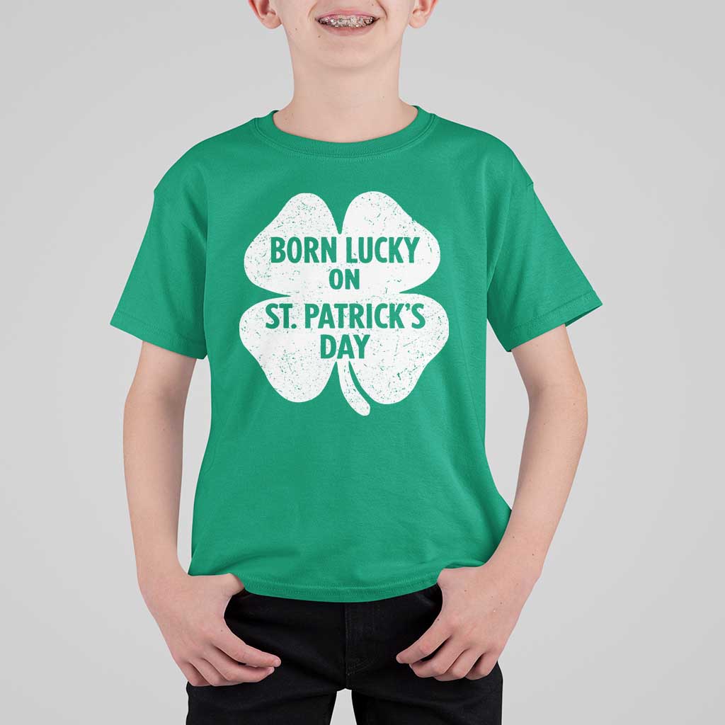 Born Lucky On St Patricks Day T Shirt For Kid Irish Birthday Bday Shamrock Clovers