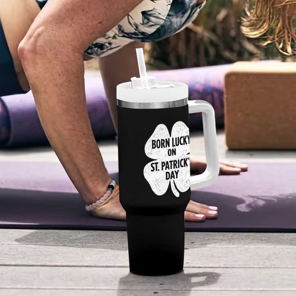 Born Lucky On St Patricks Day Tumbler With Handle Irish Birthday Bday Shamrock Clovers