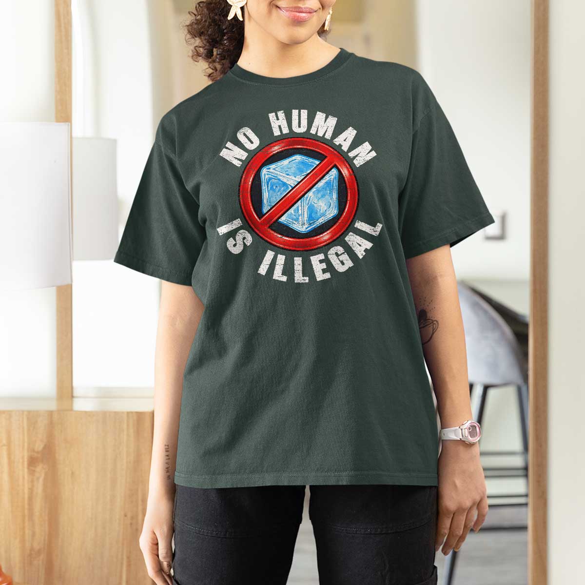 Abolish Ice No Human is Illegal T Shirt For Women Retro Protest Subtle FDT