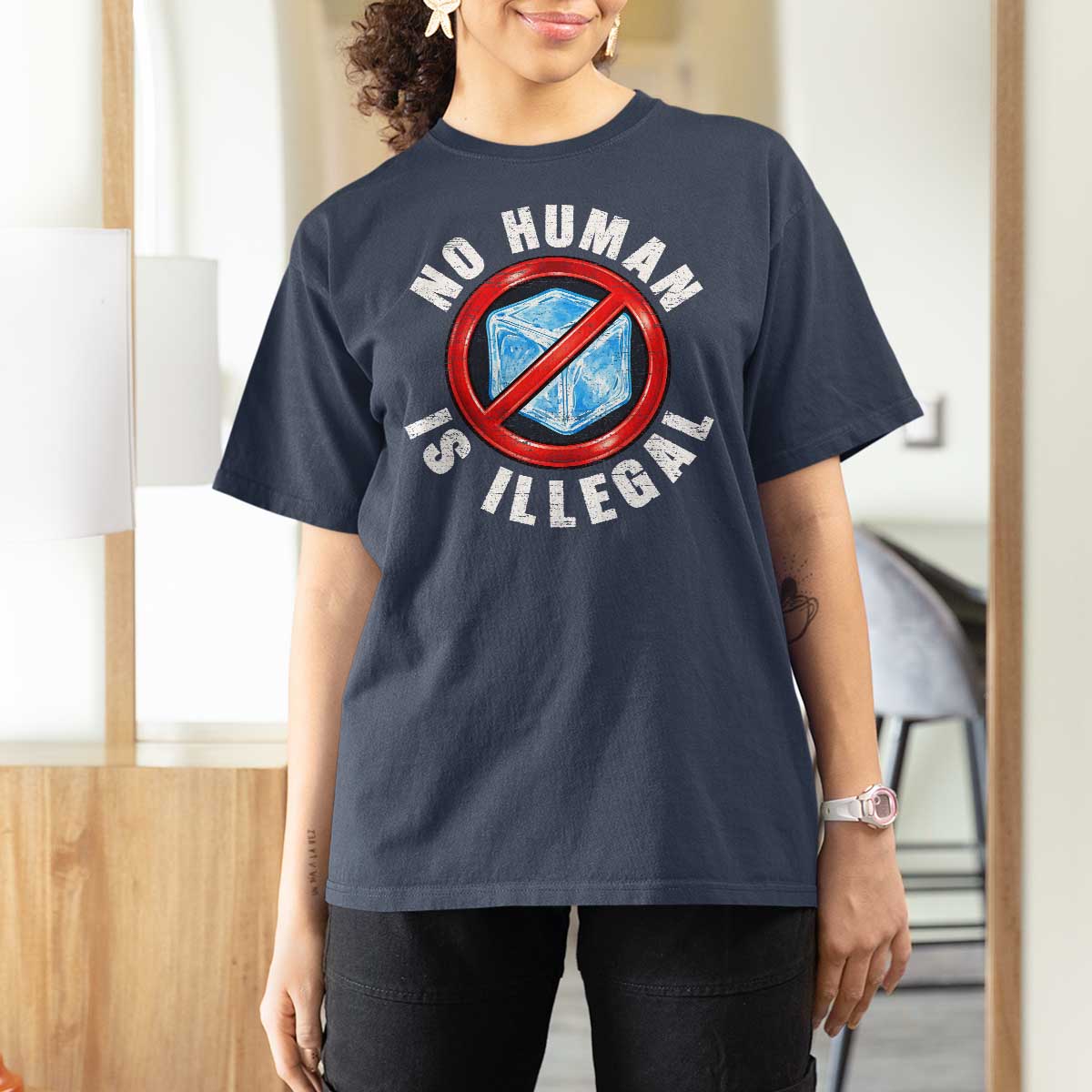 Abolish Ice No Human is Illegal T Shirt For Women Retro Protest Subtle FDT