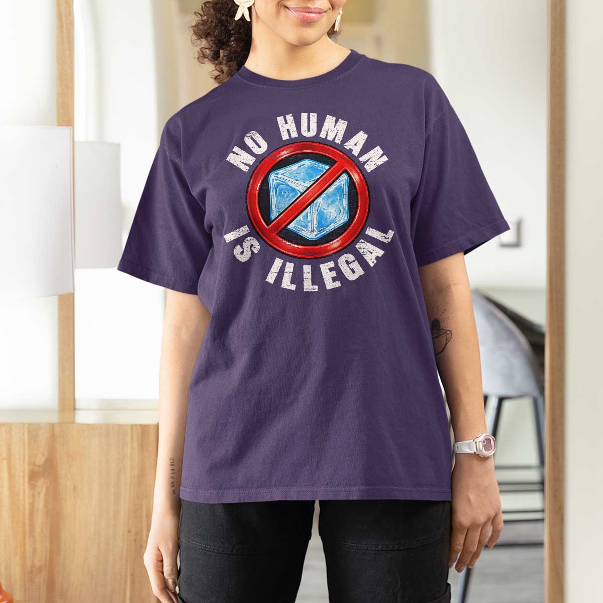 Abolish Ice No Human is Illegal T Shirt For Women Retro Protest Subtle FDT