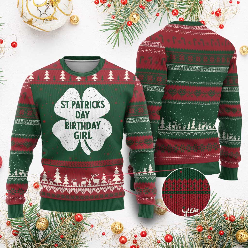 St Patricks Day Birthday Girl Ugly Christmas Sweater Irish Bday Shamrock Clovers