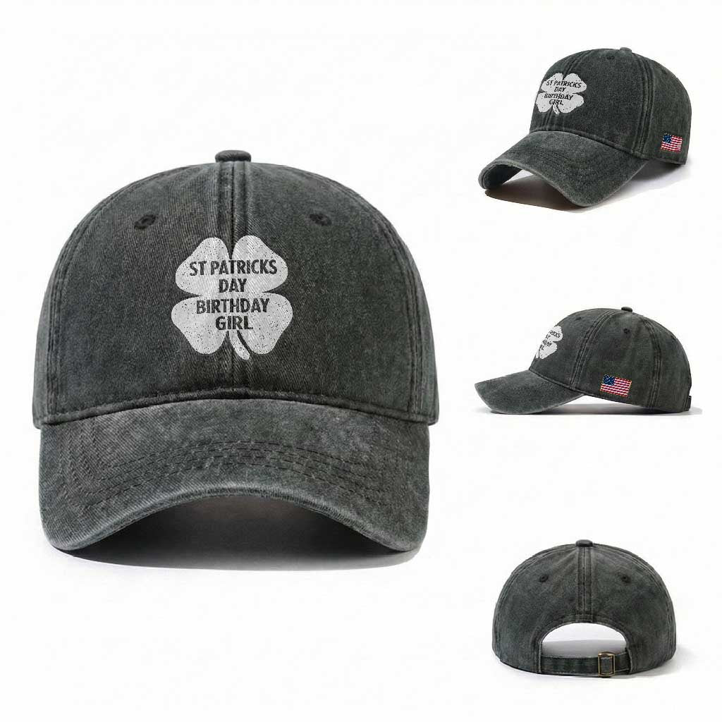 St Patricks Day Birthday Girl Washed Cotton Baseball Cap Irish Bday Shamrock Clovers
