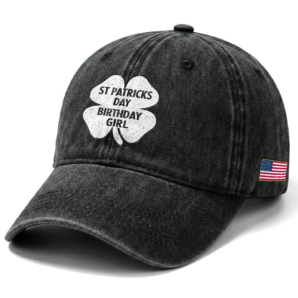 St Patricks Day Birthday Girl Washed Cotton Baseball Cap Irish Bday Shamrock Clovers