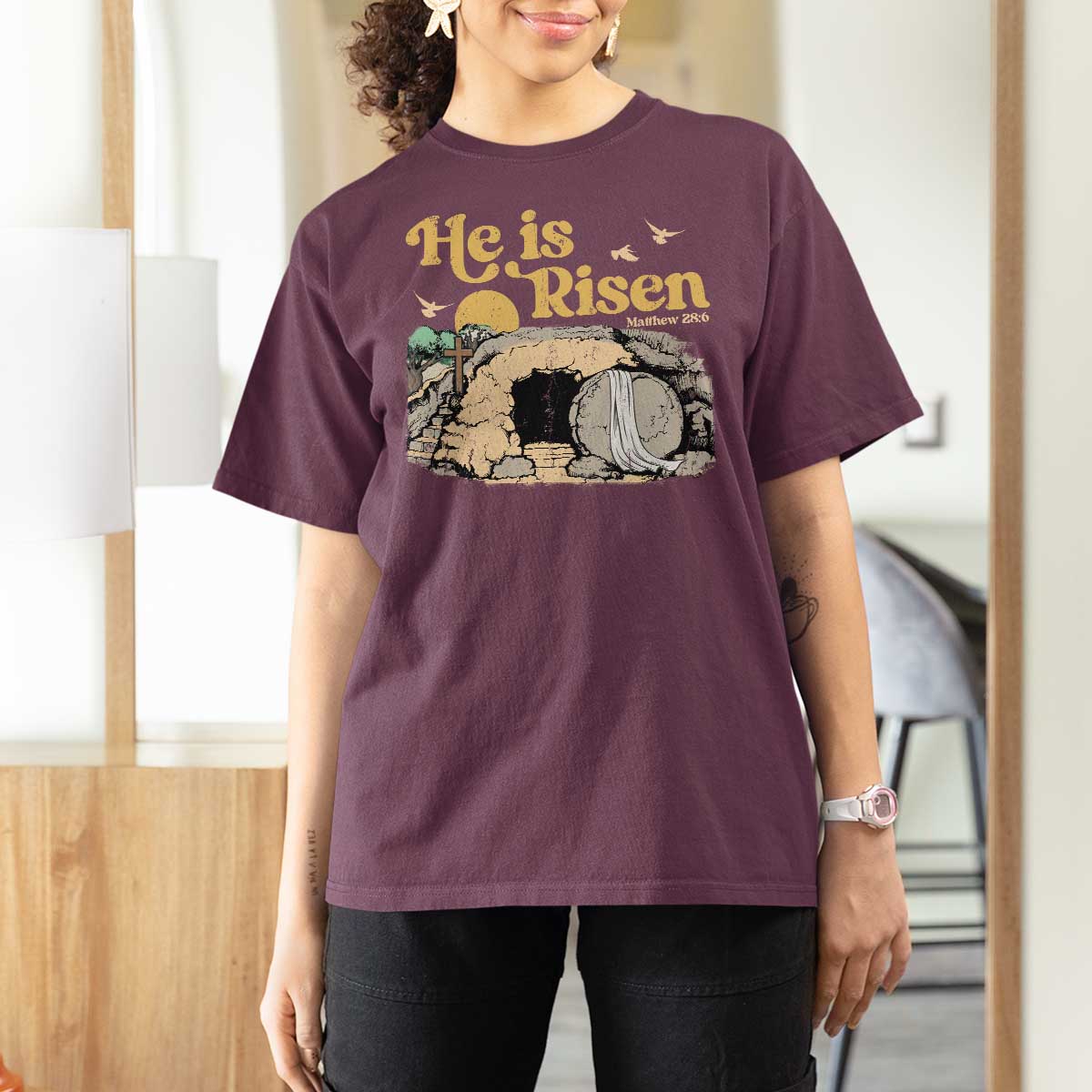 He Is Risen T Shirt For Women Retro Vintage Easter Jesus Christian Apparel - Wonder Print Shop