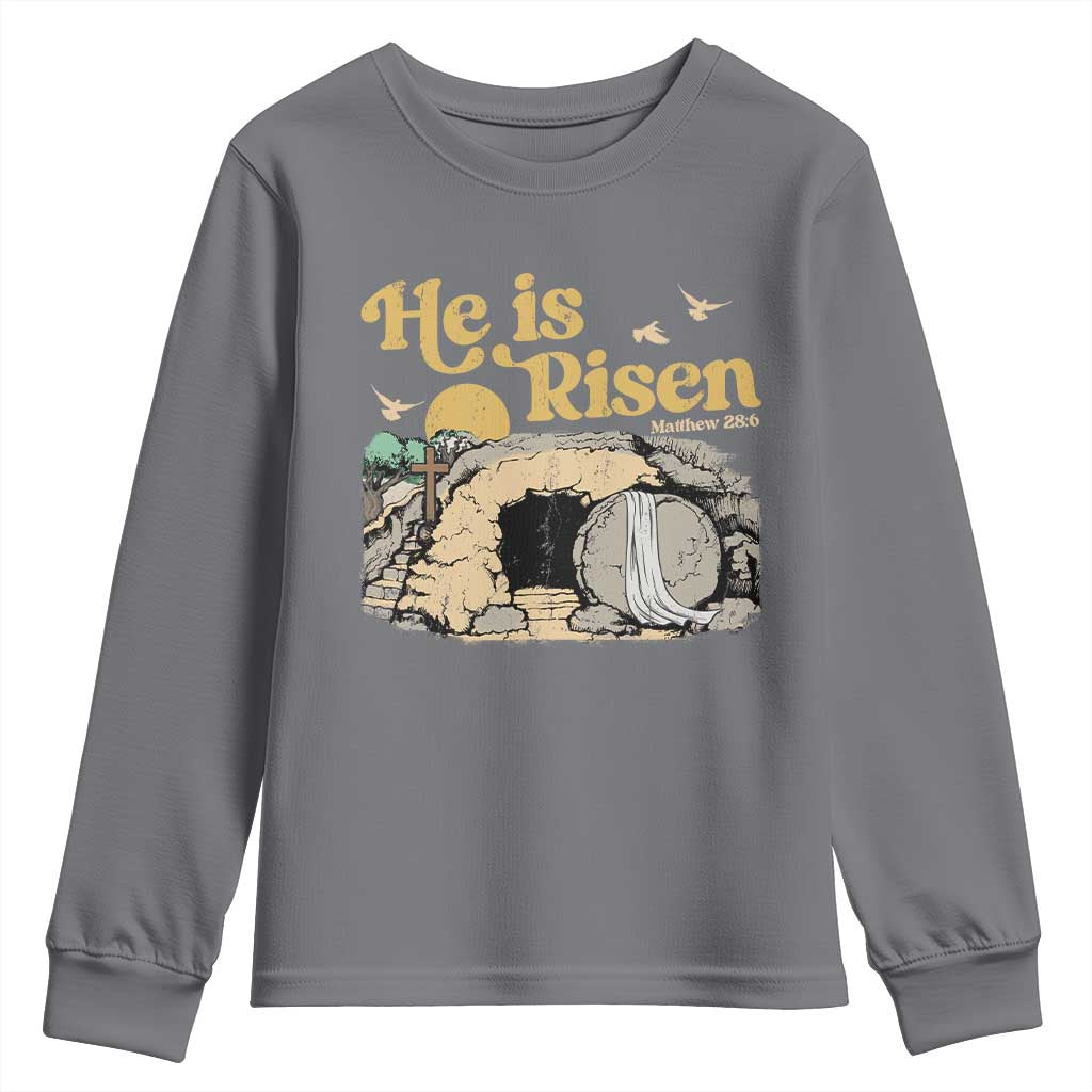 He Is Risen Youth Sweatshirt Retro Vintage Easter Jesus Christian Apparel - Wonder Print Shop