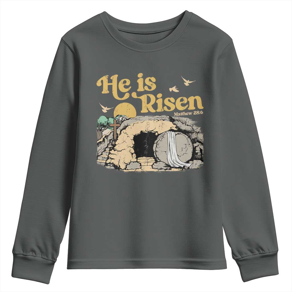 He Is Risen Youth Sweatshirt Retro Vintage Easter Jesus Christian Apparel - Wonder Print Shop