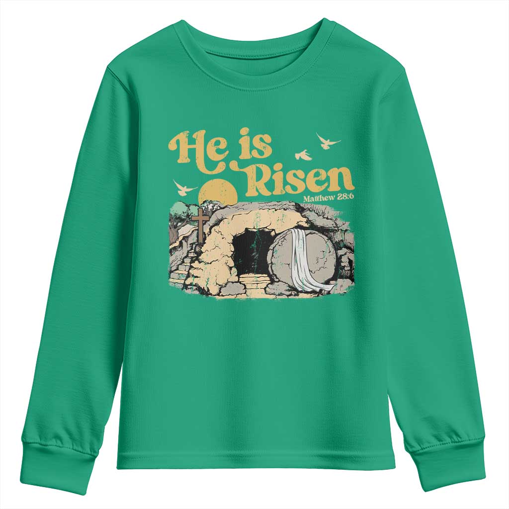 He Is Risen Youth Sweatshirt Retro Vintage Easter Jesus Christian Apparel - Wonder Print Shop
