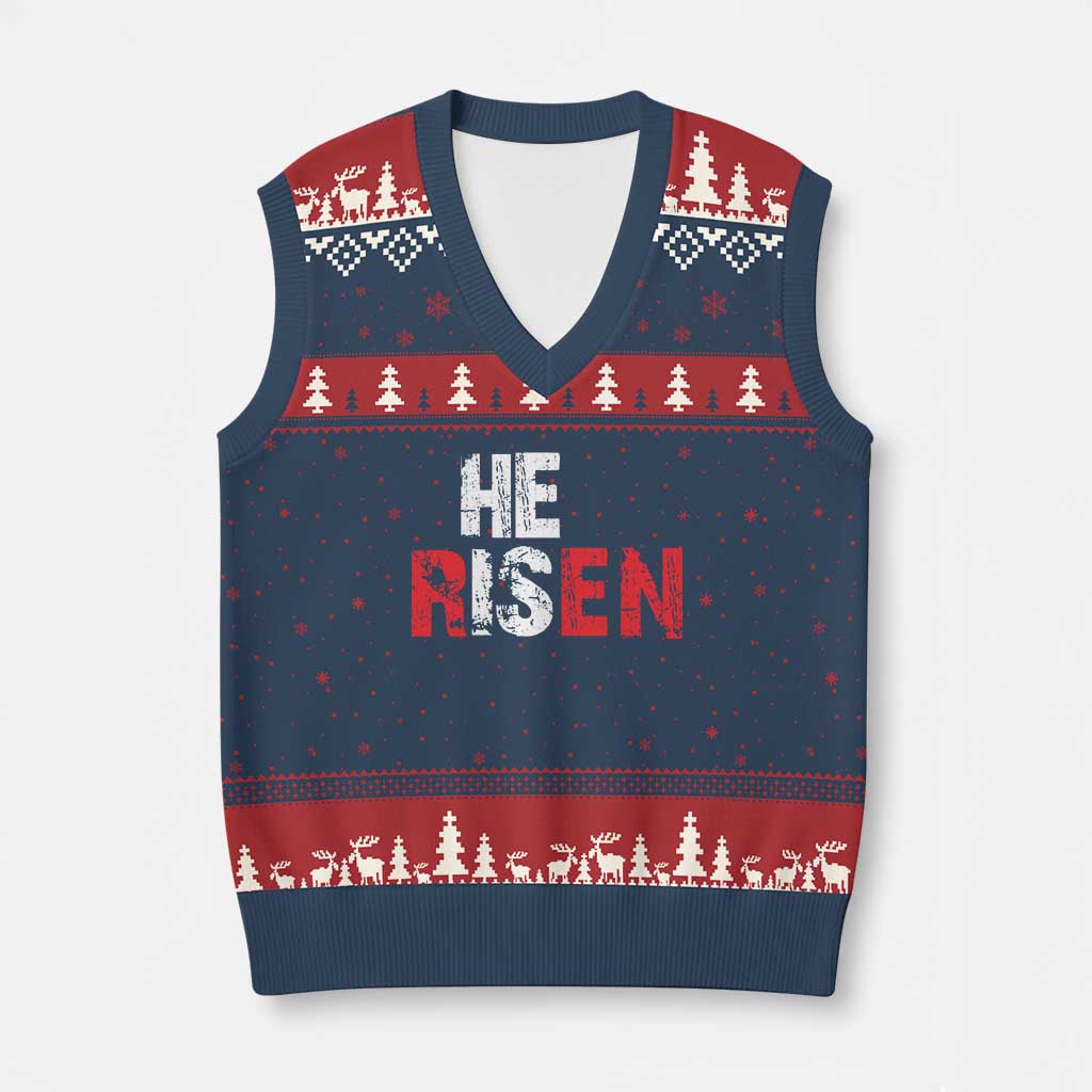 He Is Risen V-Neck Knit Sweater Vest Vintage Christian Religious Faith - Wonder Print Shop