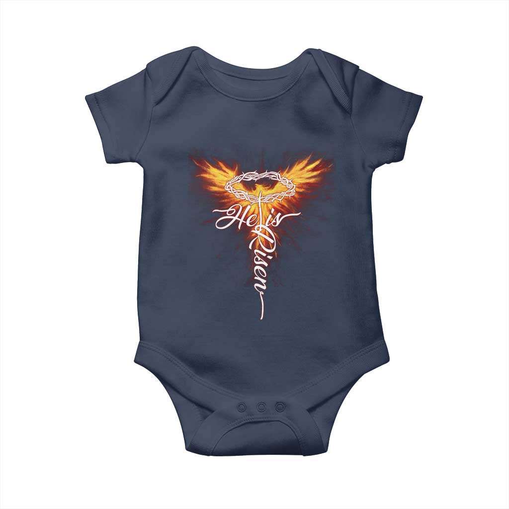 He Is Risen Baby Onesie Jesus Resurrection Easter Christian Cross Phoenix Rising - Wonder Print Shop