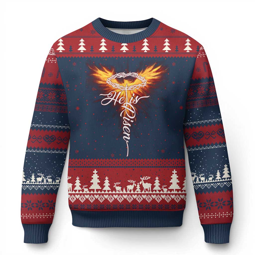 He Is Risen Ugly Christmas Sweater Jesus Resurrection Easter Christian Cross Phoenix Rising - Wonder Print Shop