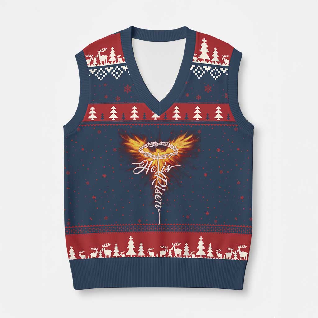 He Is Risen V-Neck Knit Sweater Vest Jesus Resurrection Easter Christian Cross Phoenix Rising - Wonder Print Shop
