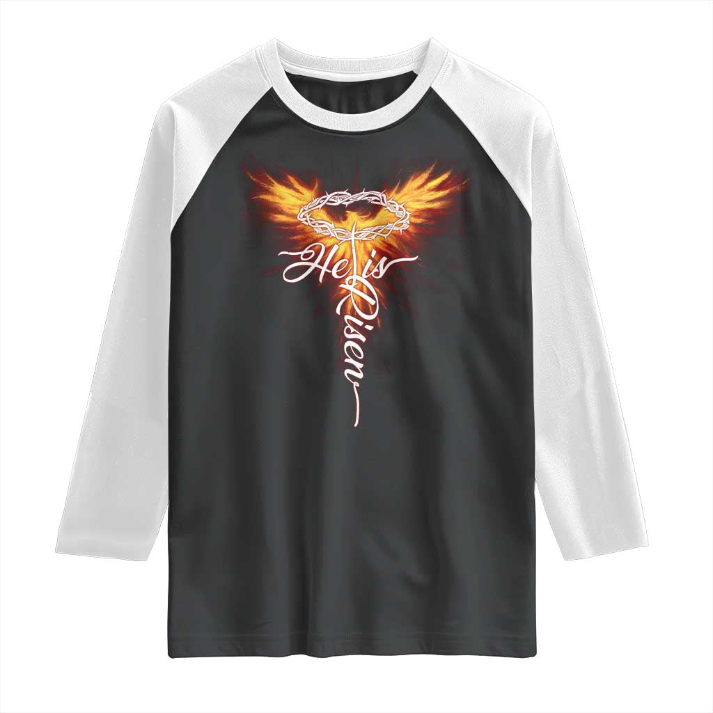He Is Risen Raglan Shirt Jesus Resurrection Easter Christian Cross Phoenix Rising - Wonder Print Shop
