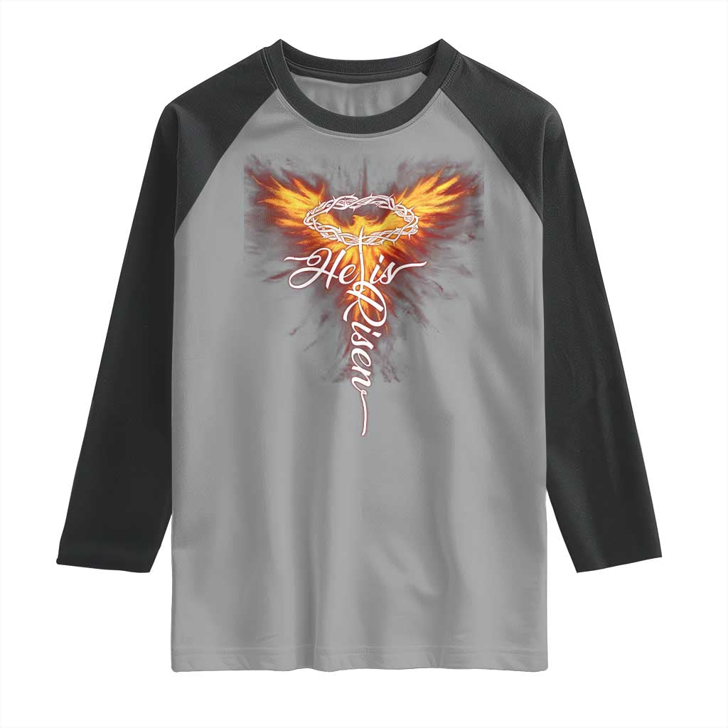 He Is Risen Raglan Shirt Jesus Resurrection Easter Christian Cross Phoenix Rising - Wonder Print Shop