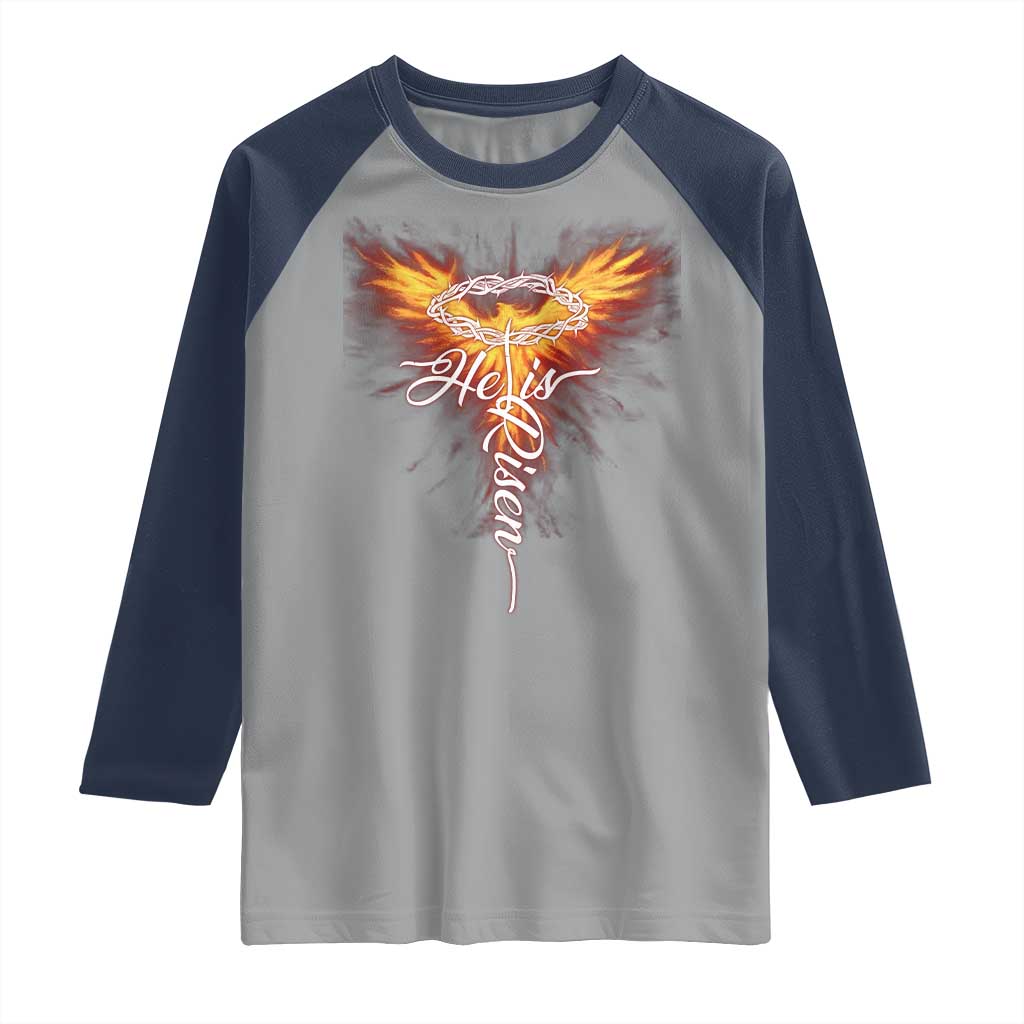 He Is Risen Raglan Shirt Jesus Resurrection Easter Christian Cross Phoenix Rising - Wonder Print Shop