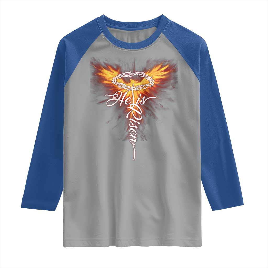 He Is Risen Raglan Shirt Jesus Resurrection Easter Christian Cross Phoenix Rising - Wonder Print Shop
