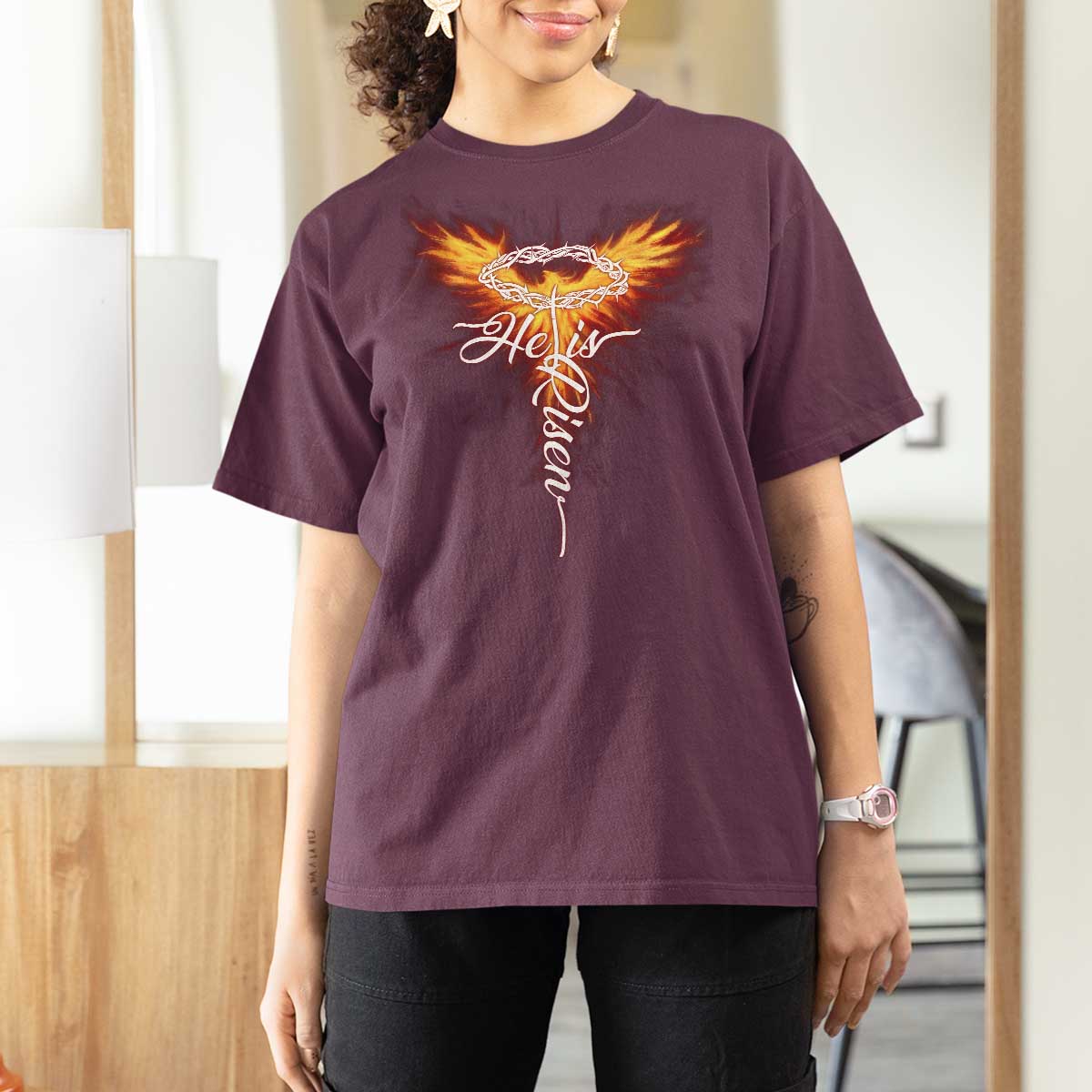 He Is Risen T Shirt For Women Jesus Resurrection Easter Christian Cross Phoenix Rising - Wonder Print Shop