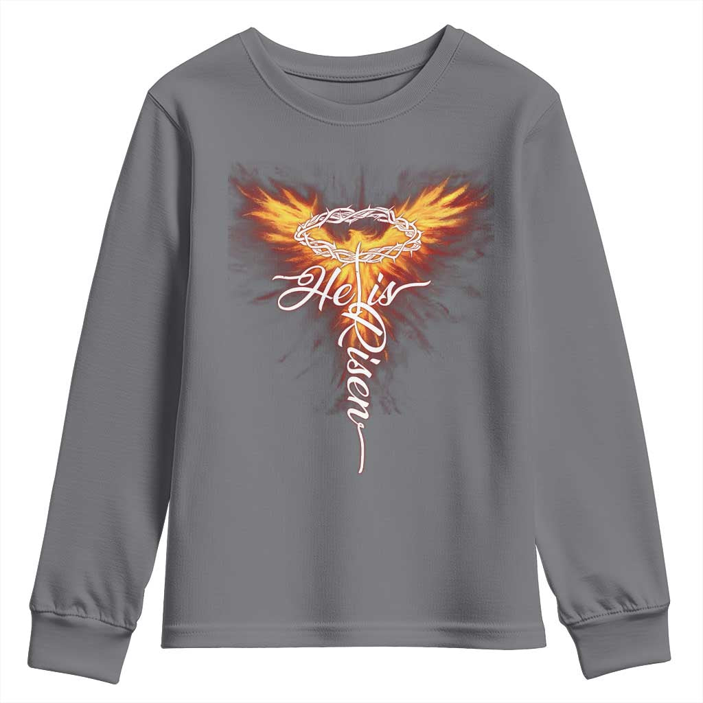 He Is Risen Youth Sweatshirt Jesus Resurrection Easter Christian Cross Phoenix Rising - Wonder Print Shop