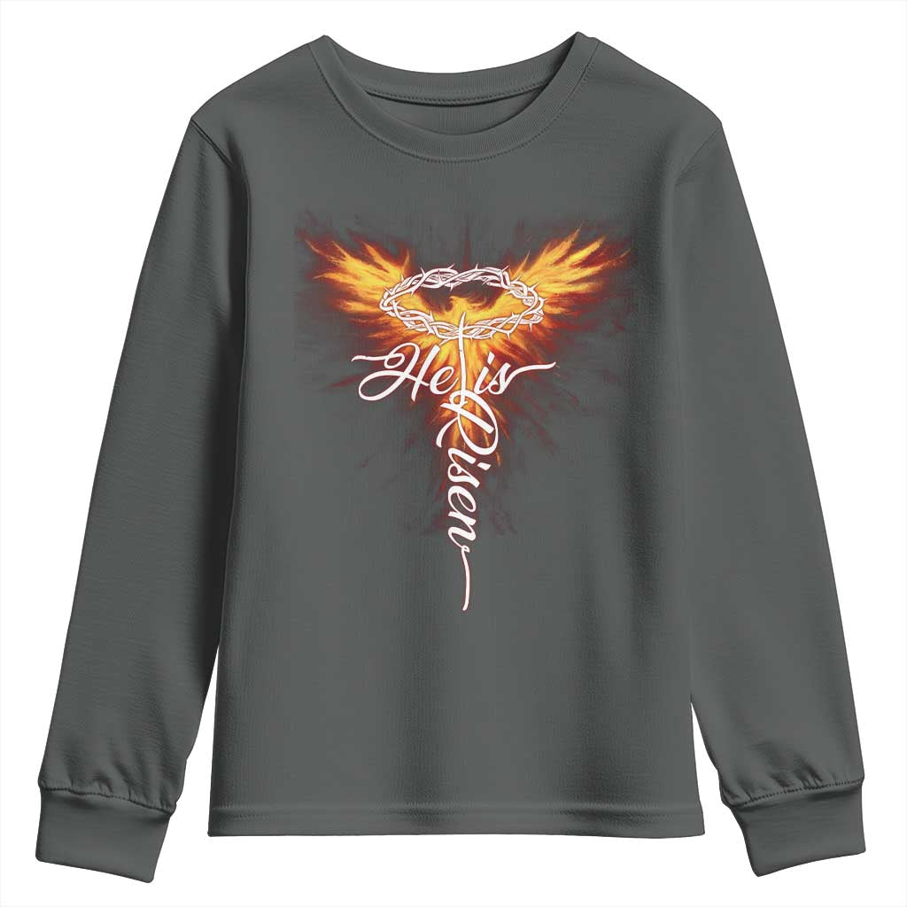 He Is Risen Youth Sweatshirt Jesus Resurrection Easter Christian Cross Phoenix Rising - Wonder Print Shop