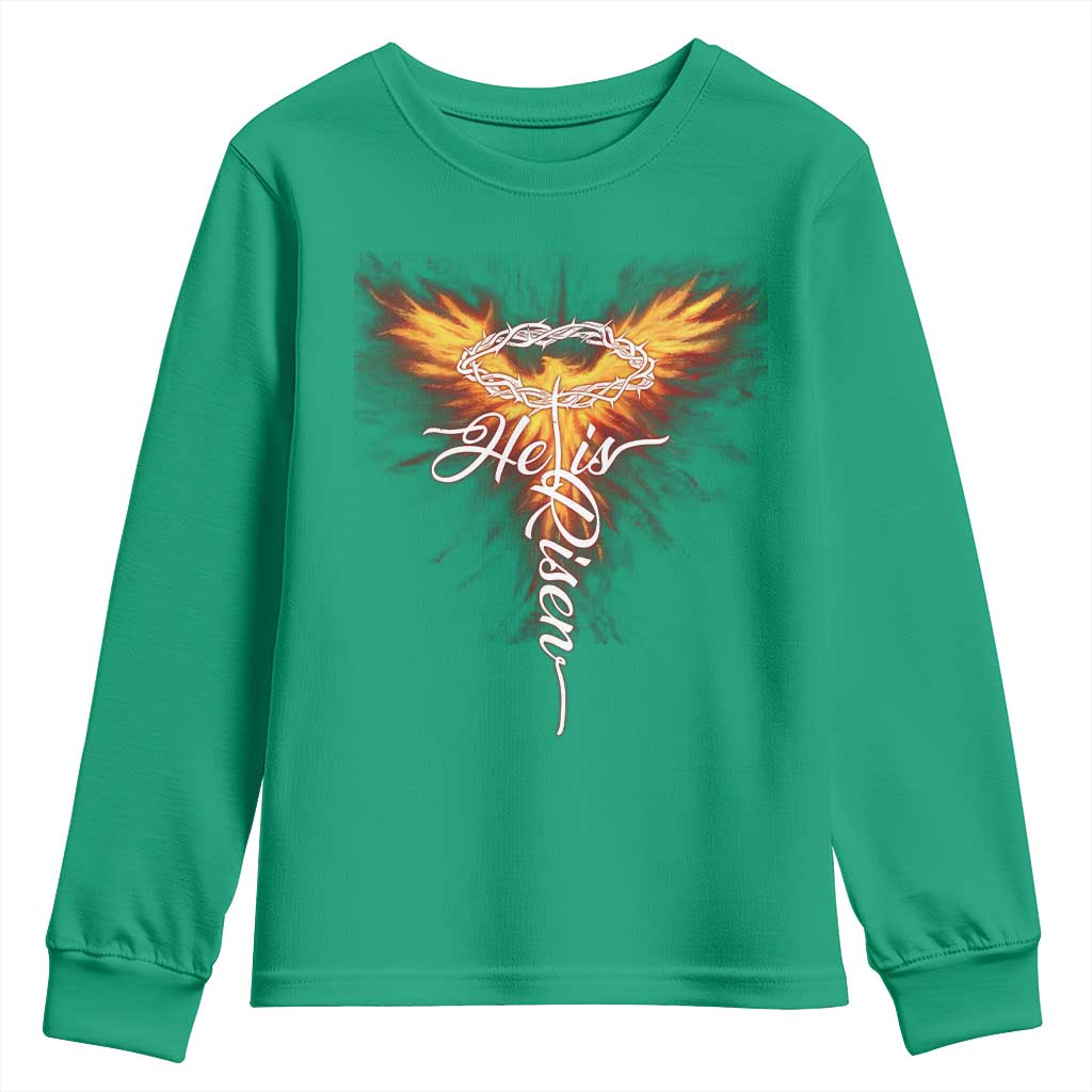 He Is Risen Youth Sweatshirt Jesus Resurrection Easter Christian Cross Phoenix Rising - Wonder Print Shop