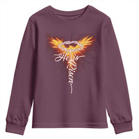 He Is Risen Youth Sweatshirt Jesus Resurrection Easter Christian Cross Phoenix Rising - Wonder Print Shop