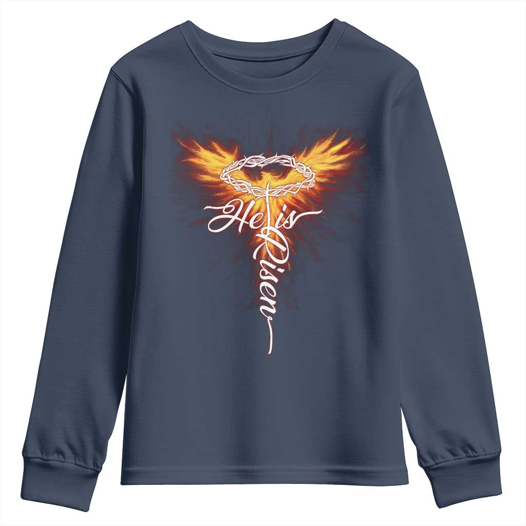 He Is Risen Youth Sweatshirt Jesus Resurrection Easter Christian Cross Phoenix Rising - Wonder Print Shop