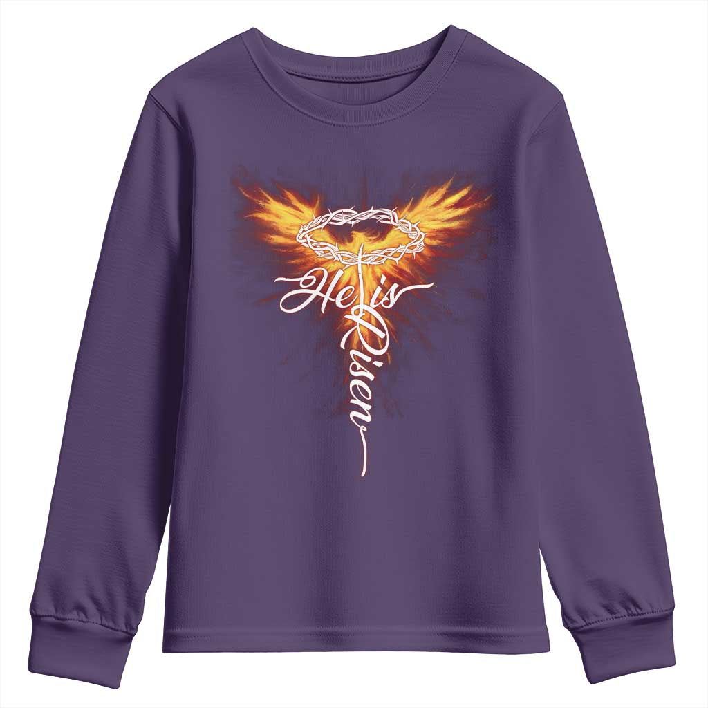 He Is Risen Youth Sweatshirt Jesus Resurrection Easter Christian Cross Phoenix Rising - Wonder Print Shop