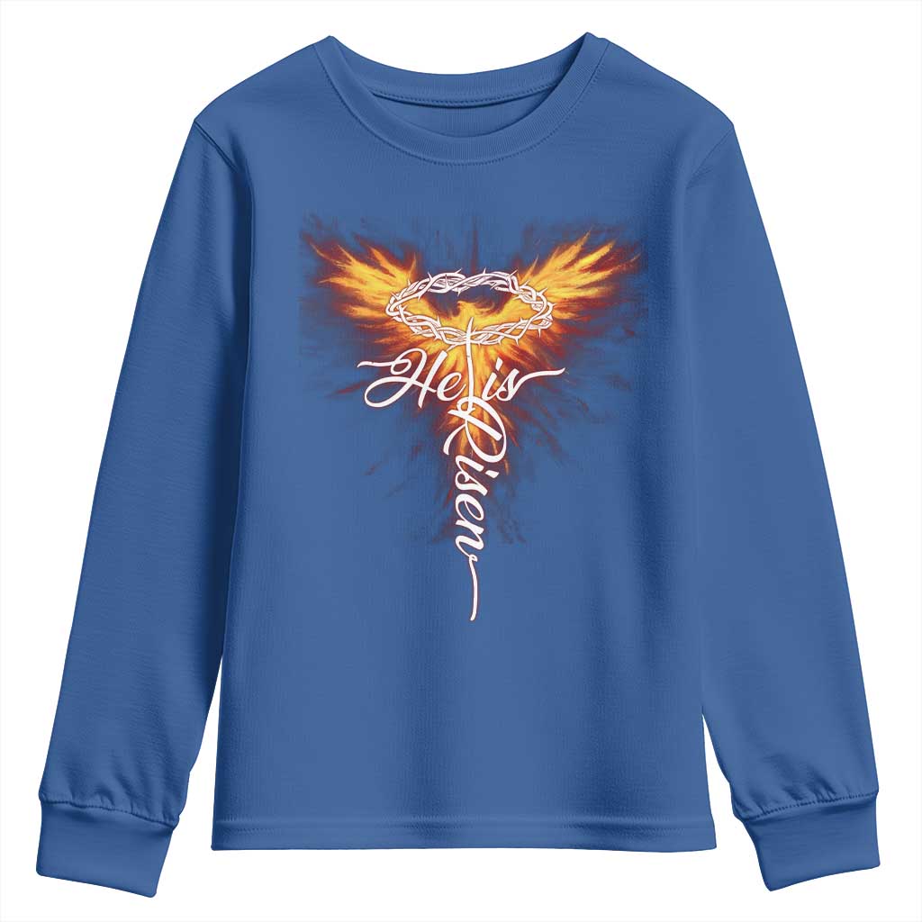 He Is Risen Youth Sweatshirt Jesus Resurrection Easter Christian Cross Phoenix Rising - Wonder Print Shop