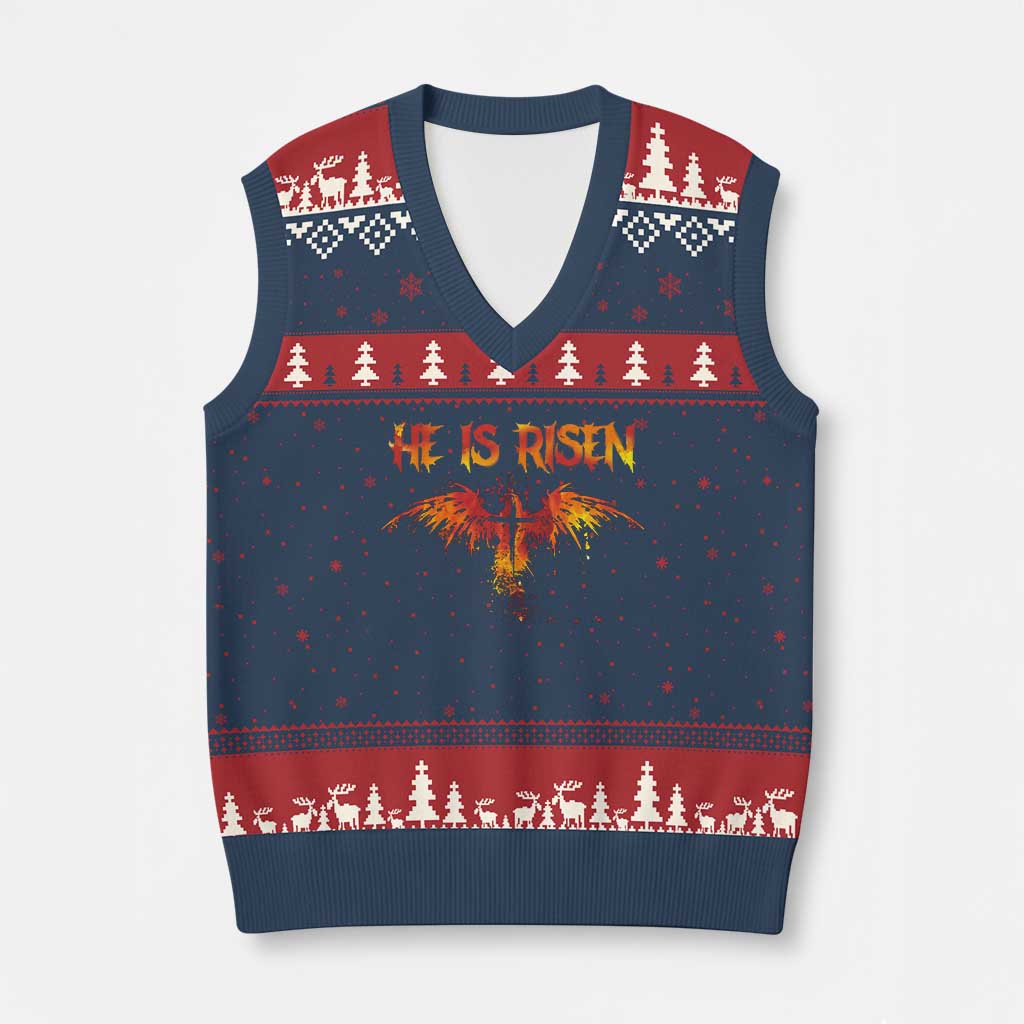 He Is Risen V-Neck Knit Sweater Vest Phoenix Christian Jesus Resurrection Cross - Wonder Print Shop