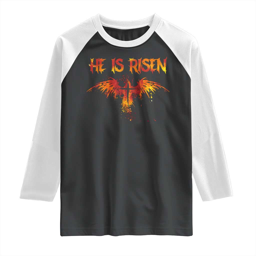He Is Risen Raglan Shirt Phoenix Christian Jesus Resurrection Cross - Wonder Print Shop