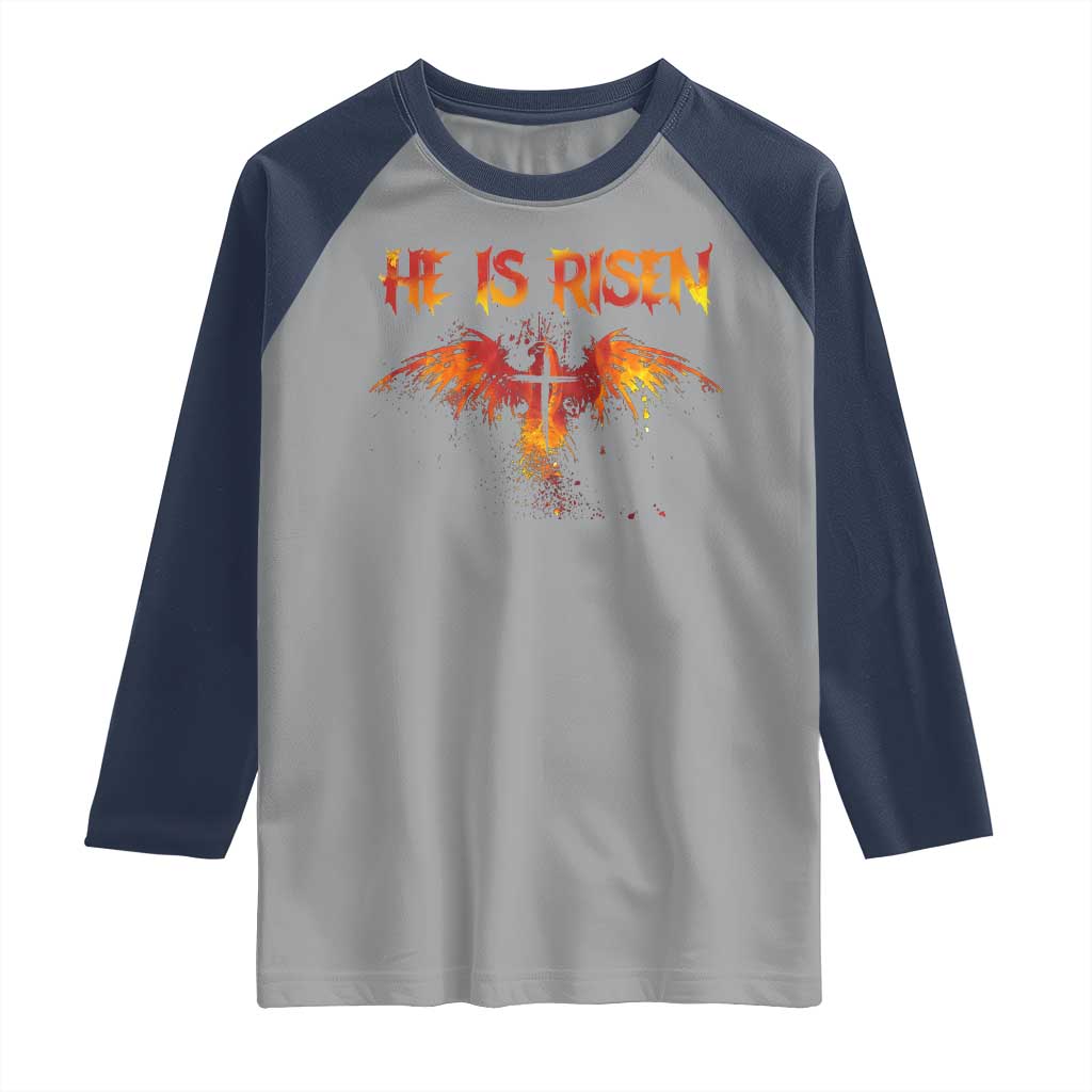 He Is Risen Raglan Shirt Phoenix Christian Jesus Resurrection Cross - Wonder Print Shop