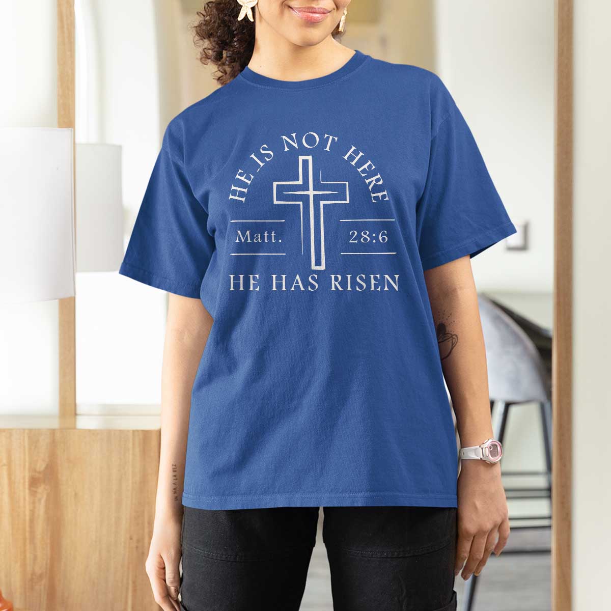 He Is Not Here He Has Risen T Shirt For Women Jesus Christ Easter Cross Christian Matt 28:6