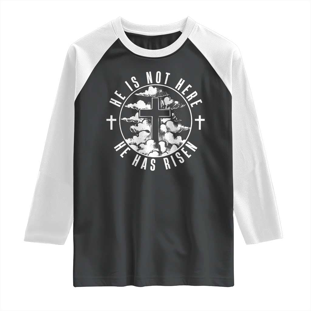 Easter Jesus Has Risen Raglan Shirt Christian Bible Verse Graphic Cross 90s Style - Wonder Print Shop