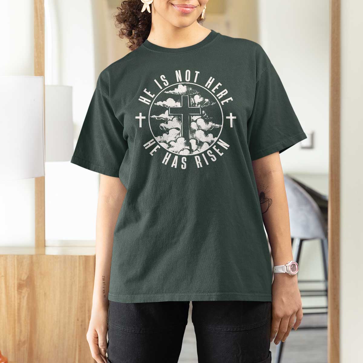 Easter Jesus Has Risen T Shirt For Women Christian Bible Verse Graphic Cross 90s Style - Wonder Print Shop