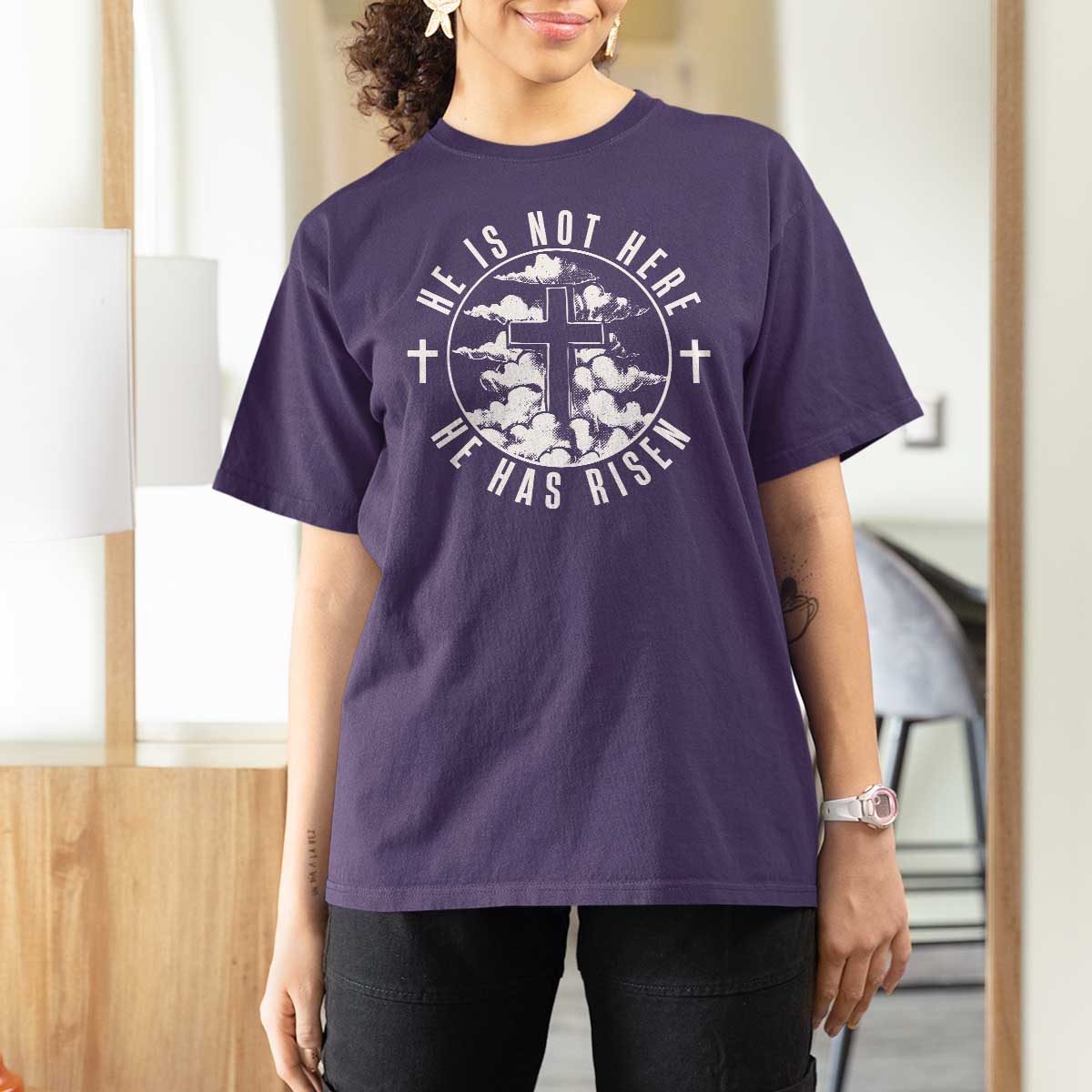 Easter Jesus Has Risen T Shirt For Women Christian Bible Verse Graphic Cross 90s Style - Wonder Print Shop