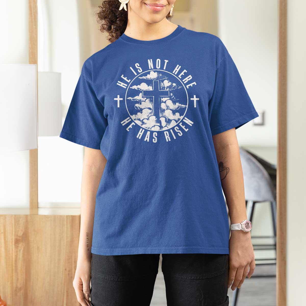 Easter Jesus Has Risen T Shirt For Women Christian Bible Verse Graphic Cross 90s Style - Wonder Print Shop