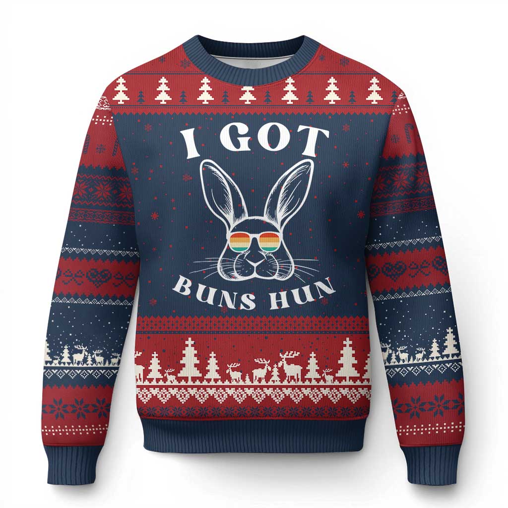 Rabbit Easter Bunny Sunglasses Ugly Christmas Sweater Retro Vintage I Got Buns Hun Funny Jokes - Wonder Print Shop